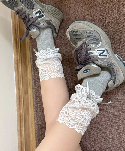 Stylish Grey Lace Patchwork Cotton Mid Calf Socks