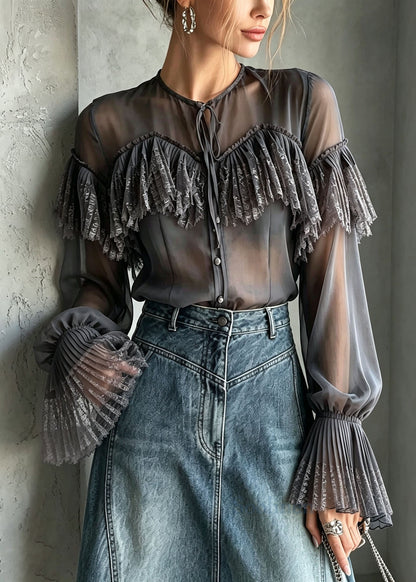 Stylish Grey O Neck Lace Patchwork Chiffon Shirt Top Flare Sleeve