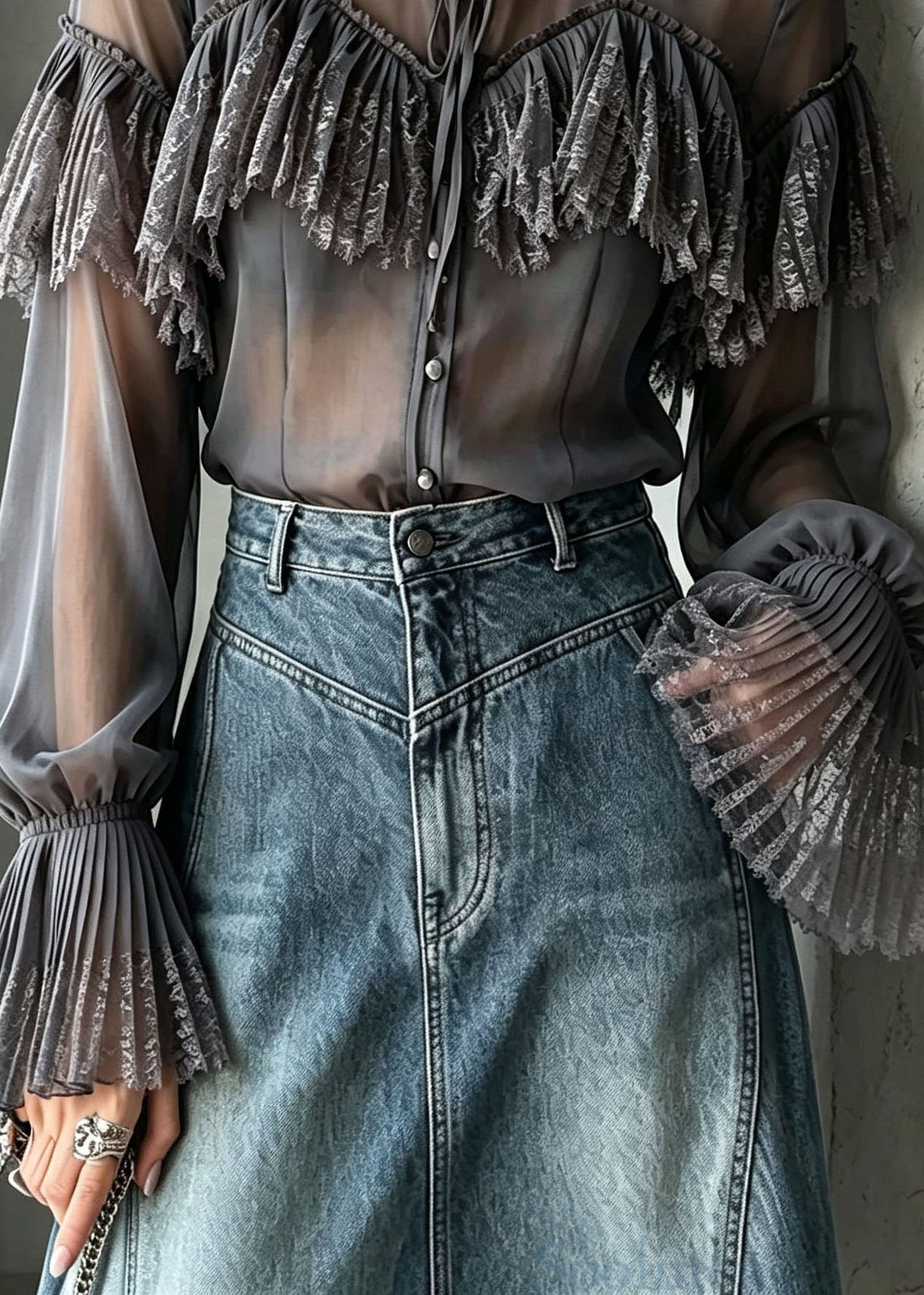 Stylish Grey O Neck Lace Patchwork Chiffon Shirt Top Flare Sleeve