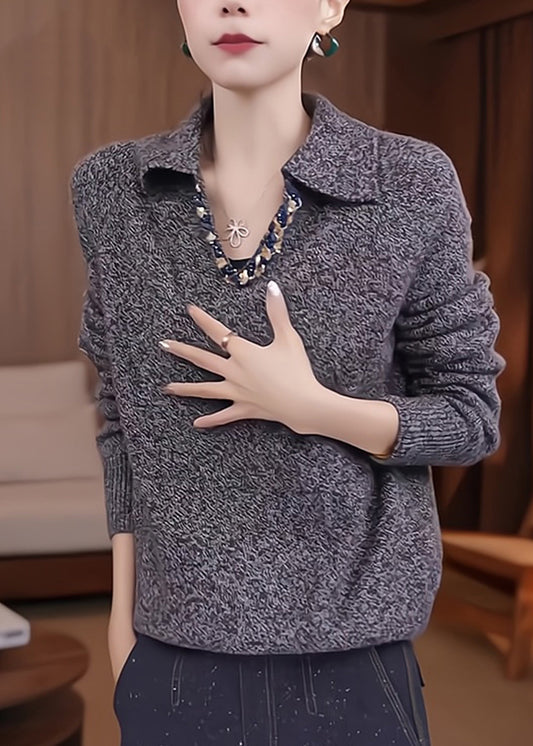 Stylish Grey Peter Pan Collar Patchwork Thick Cotton Knit Sweaters Spring