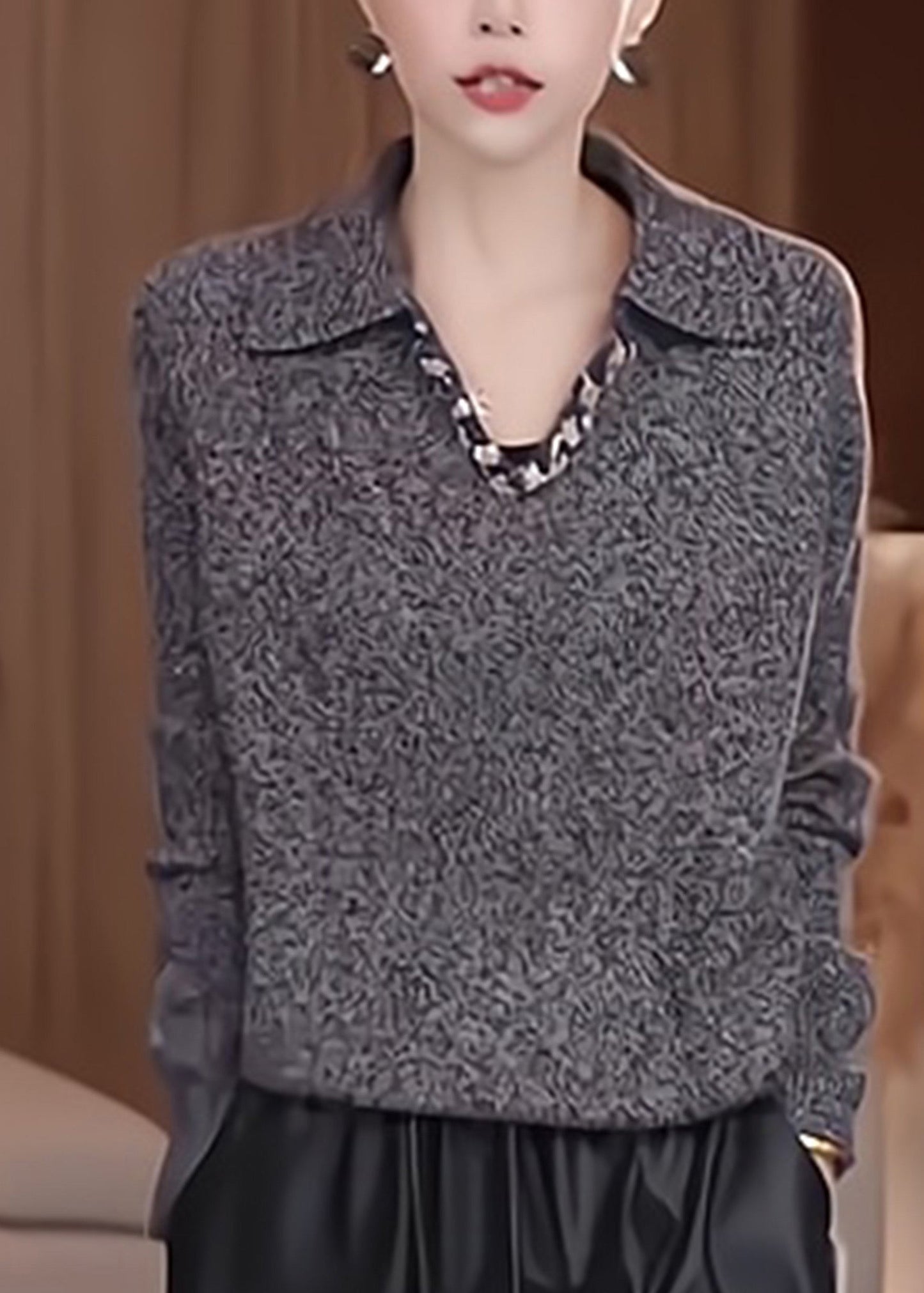 Stylish Grey Peter Pan Collar Patchwork Thick Cotton Knit Sweaters Spring