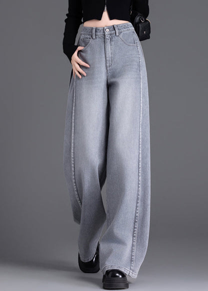 Stylish Grey Pockets Patchwork Denim Wide Leg Pants Spring