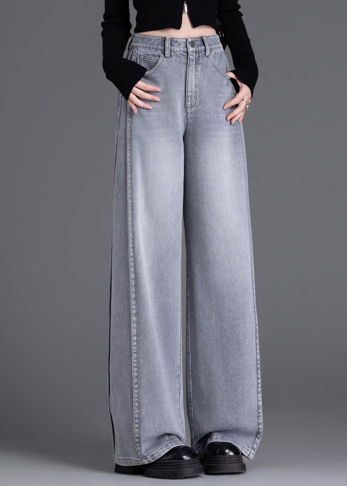Stylish Grey Pockets Patchwork Denim Wide Leg Pants Spring