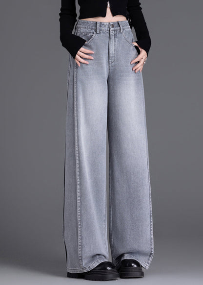 Stylish Grey Pockets Patchwork Denim Wide Leg Pants Spring