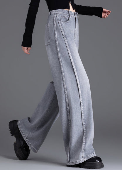 Stylish Grey Pockets Patchwork Denim Wide Leg Pants Spring