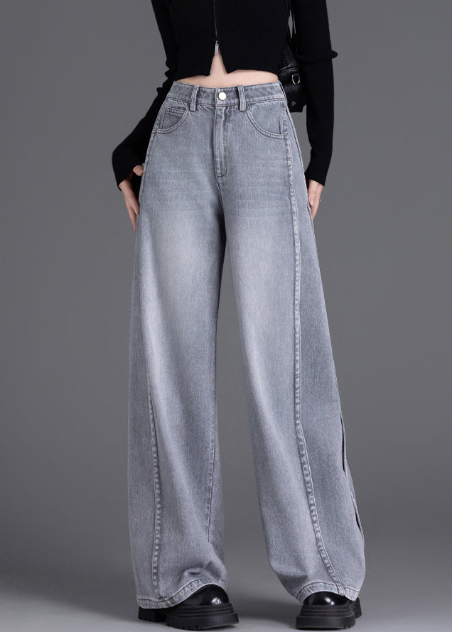 Stylish Grey Pockets Patchwork Denim Wide Leg Pants Spring