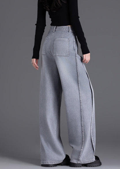 Stylish Grey Pockets Patchwork Denim Wide Leg Pants Spring