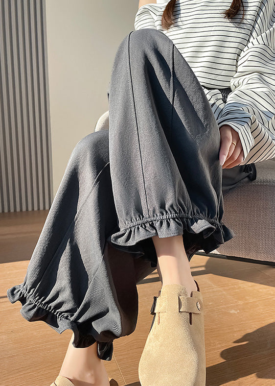 Pantalones anchos de algodón gris con volantes para primavera