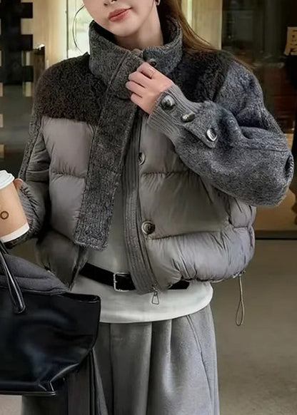 Stylish Grey Stand Collar Drawstring Patchwork Duck Down Down Coat Winter