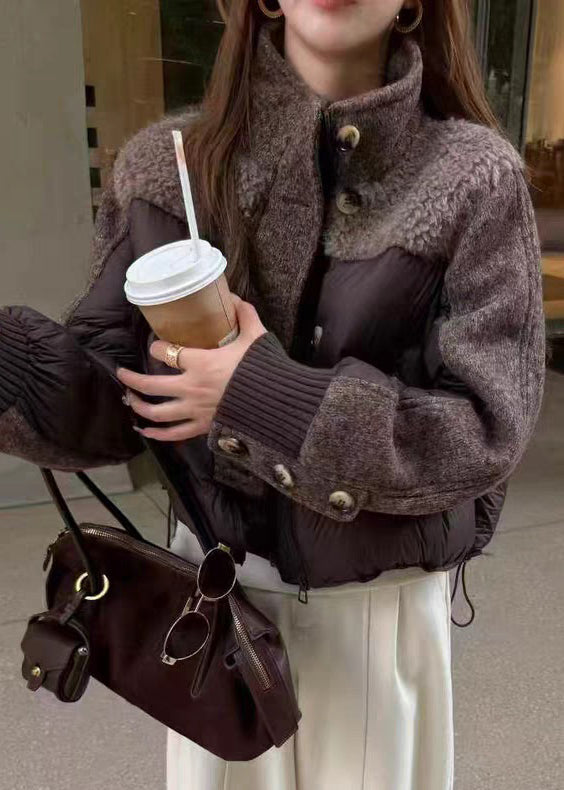 Stylish Grey Stand Collar Drawstring Patchwork Duck Down Down Coat Winter