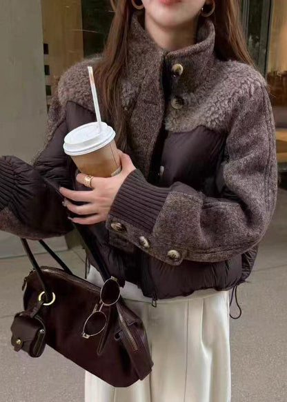 Stylish Grey Stand Collar Drawstring Patchwork Duck Down Down Coat Winter