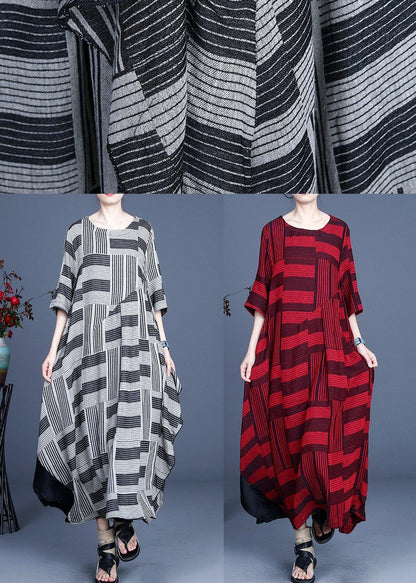 Stylish Grey Striped Patchwork Dress Summer Cotton Linen Dress - SooLinen