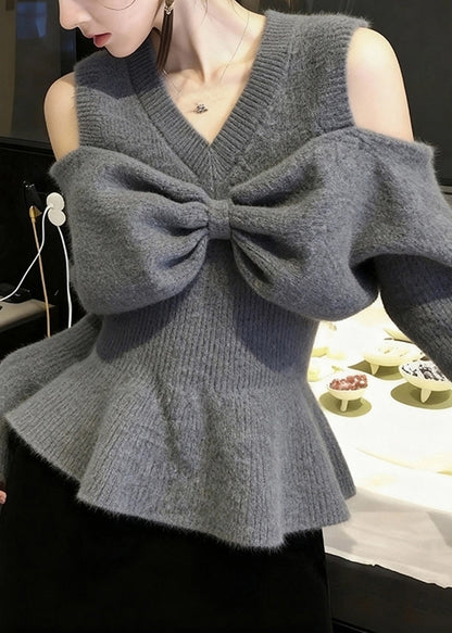 Stylish Grey V Neck Cold Shoulder Bow Knit Sweaters Spring