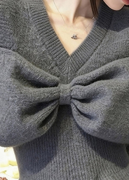 Stylish Grey V Neck Cold Shoulder Bow Knit Sweaters Spring