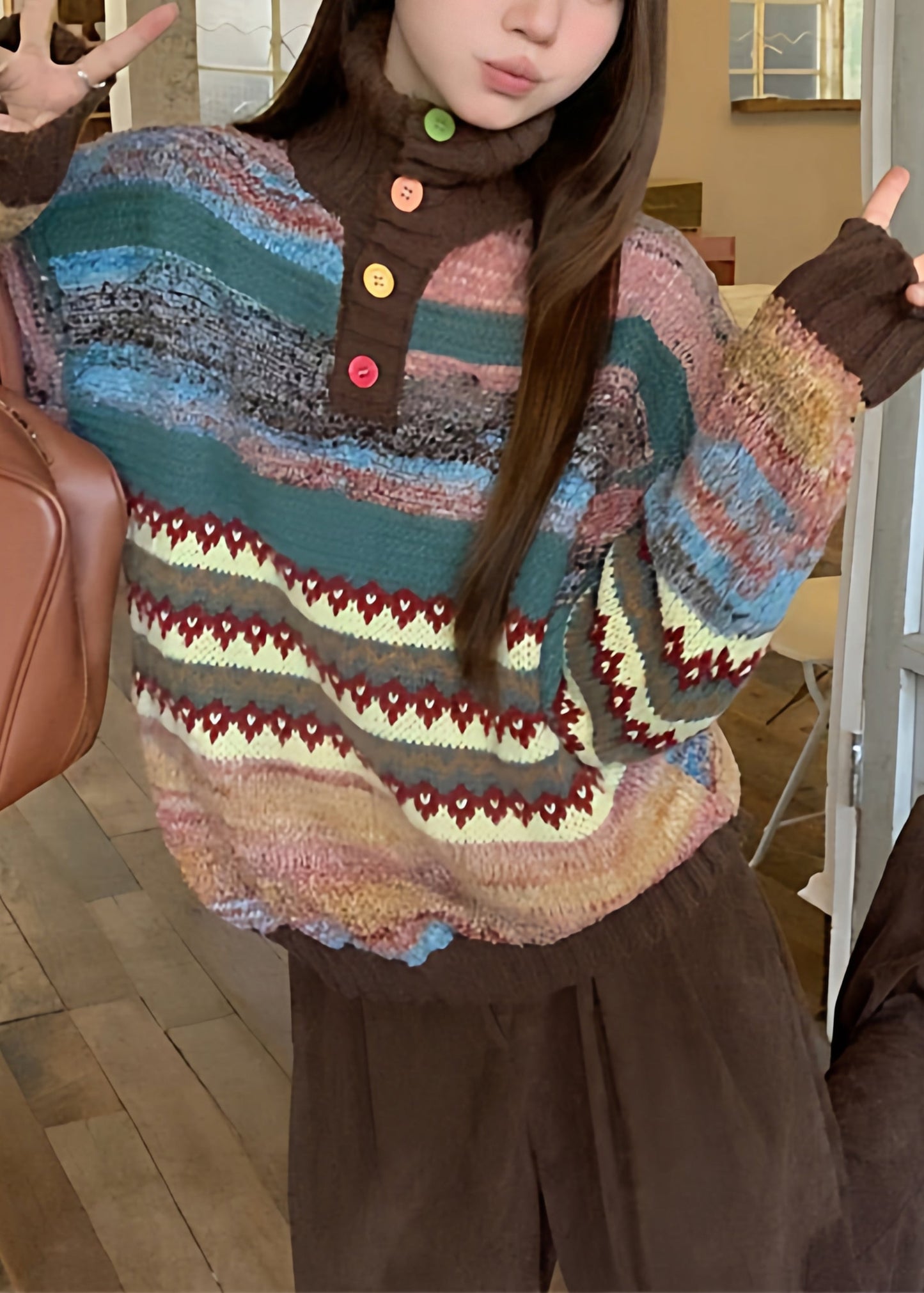 Suéter corto de punto a rayas con cuello alto y estilo de invierno