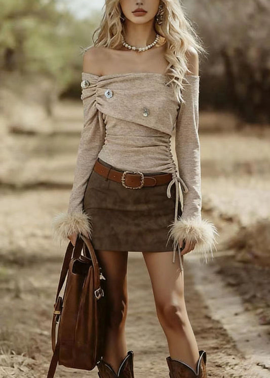 Stylish Khaki Asymmetrical Drawstring Fur Patchwork Cotton T Shirt Spring