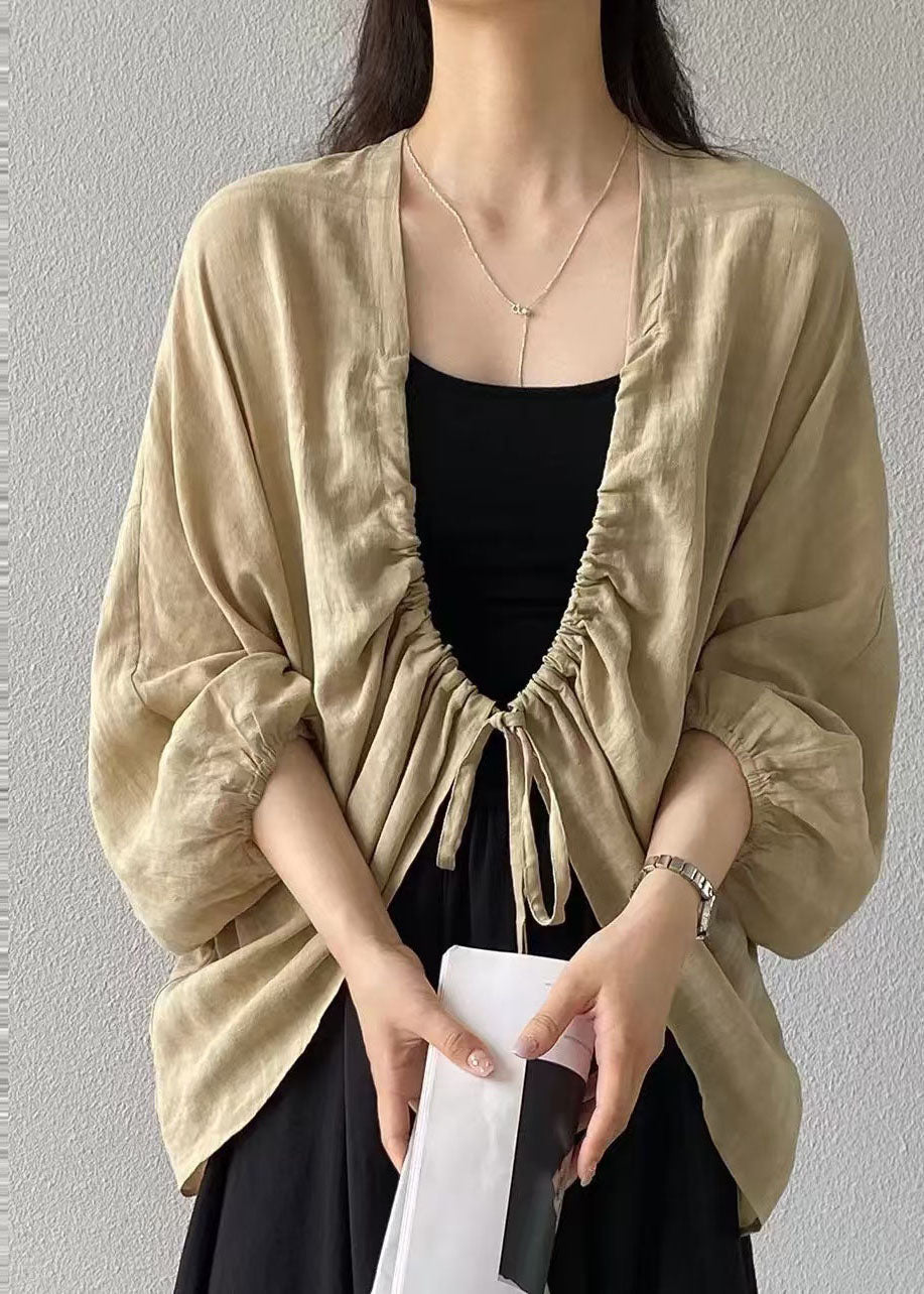 Stylish Khaki Drawstring Lace Up Linen Cardigans Summer