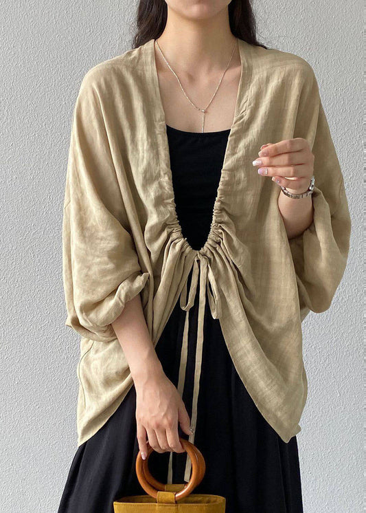 Stylish Khaki Drawstring Lace Up Linen Cardigans Summer