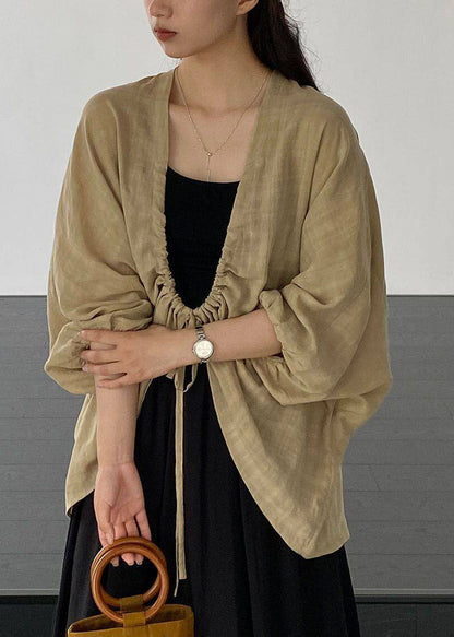 Stylish Khaki Drawstring Lace Up Linen Cardigans Summer