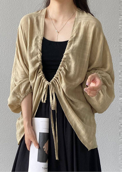 Stylish Khaki Drawstring Lace Up Linen Cardigans Summer