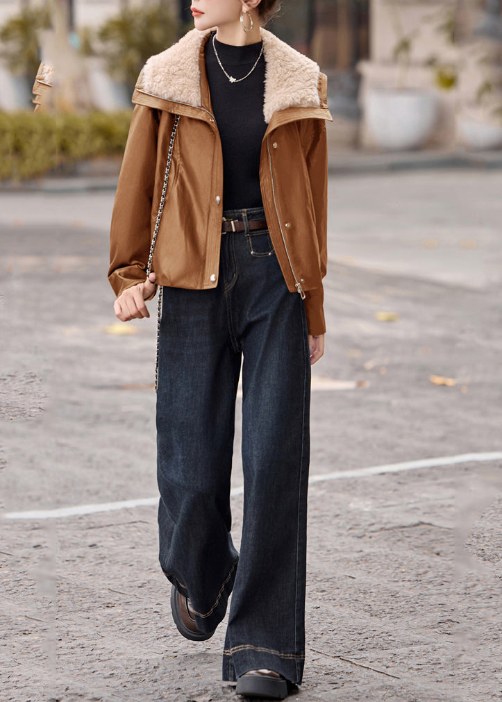 Abrigo elegante de piel sintética con cuello de piel de color caqui y plumón de pato grueso para invierno