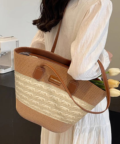 Stylish Khaki Large Capacity Durable Straw Woven Shoulder Bag