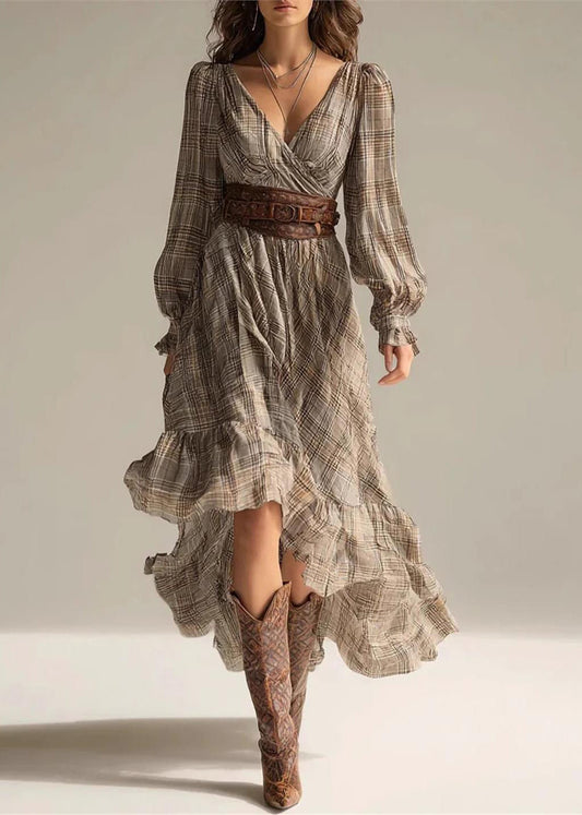 Stylish Khaki Plaid V Neck Asymmetrical Dresses Long Sleeve