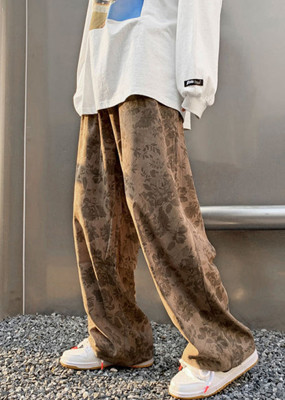 Stylish Khaki Print Elastic Waist Corduroy Mens Pants