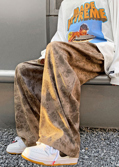 Stylish Khaki Print Elastic Waist Corduroy Mens Pants