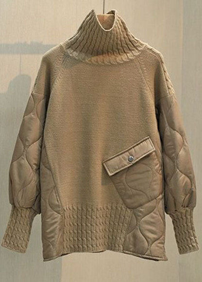 Stilvolle Khaki Rollkragen Tasche Patchwork Baumwolle Gefüllt Stricken Pullover