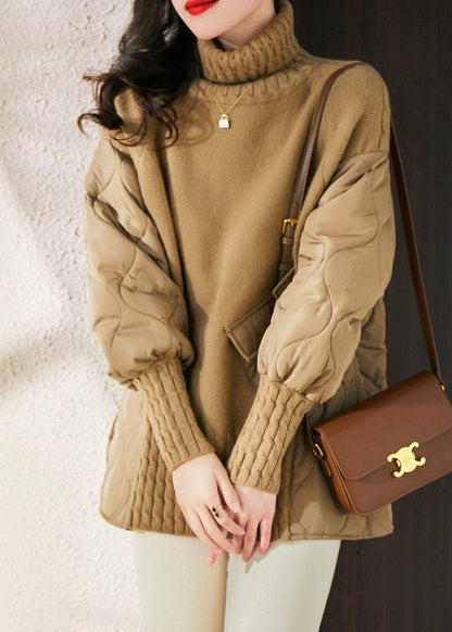Stilvolle Khaki Rollkragen Tasche Patchwork Baumwolle Gefüllt Stricken Pullover
