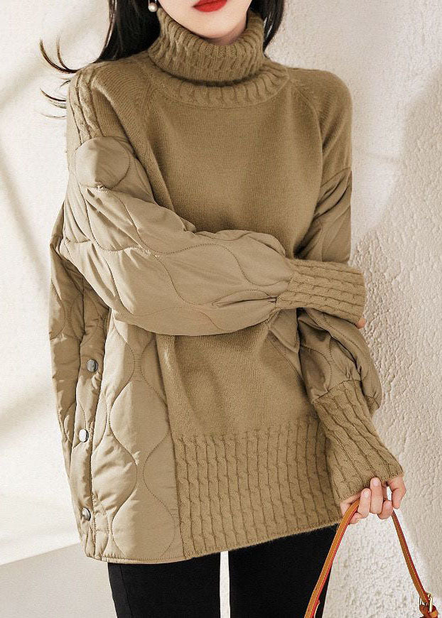 Stilvolle Khaki Rollkragen Tasche Patchwork Baumwolle Gefüllt Stricken Pullover