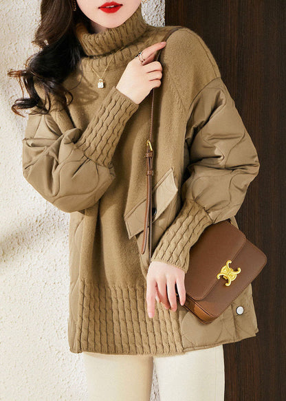 Stilvolle Khaki Rollkragen Tasche Patchwork Baumwolle Gefüllt Stricken Pullover