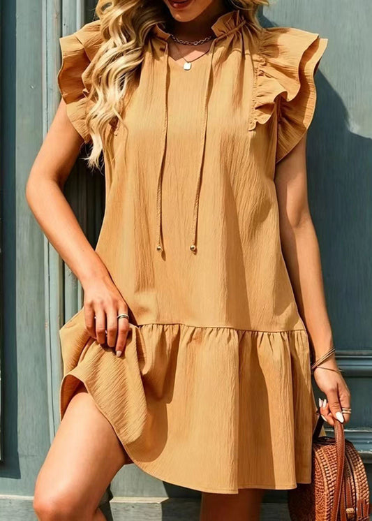 Stylish Khaki V Neck Cotton Mini Dress Butterfly Sleeve
