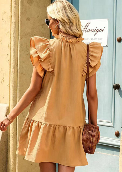 Stylish Khaki V Neck Cotton Mini Dress Butterfly Sleeve