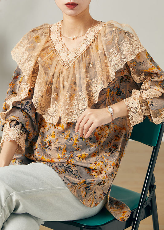 Stilvolle Khaki V-Ausschnitt Print Chiffon Shirt Top Frühling