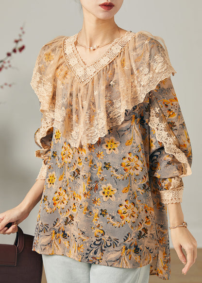 Stilvolle Khaki V-Ausschnitt Print Chiffon Shirt Top Frühling