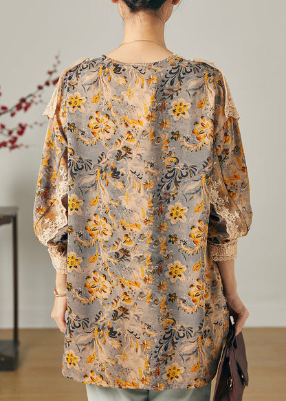 Stilvolle Khaki V-Ausschnitt Print Chiffon Shirt Top Frühling