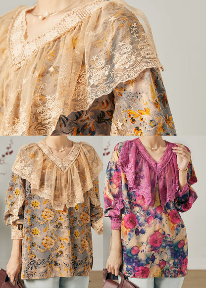 Stilvolle Khaki V-Ausschnitt Print Chiffon Shirt Top Frühling