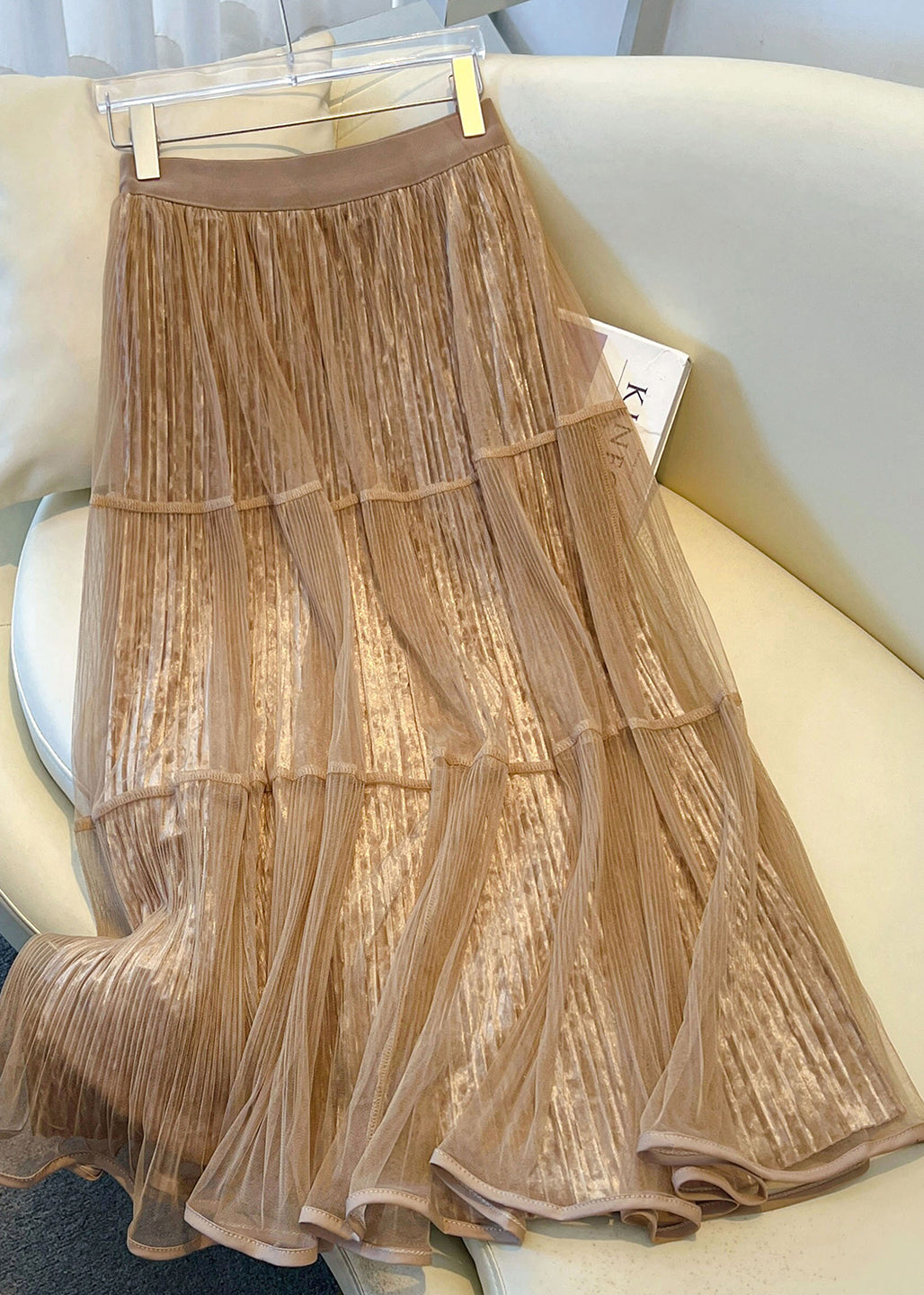 Stylish Khaki Wrinkled Tulle Patchwork Velvet Skirts Spring