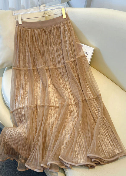 Stylish Khaki Wrinkled Tulle Patchwork Velvet Skirts Spring