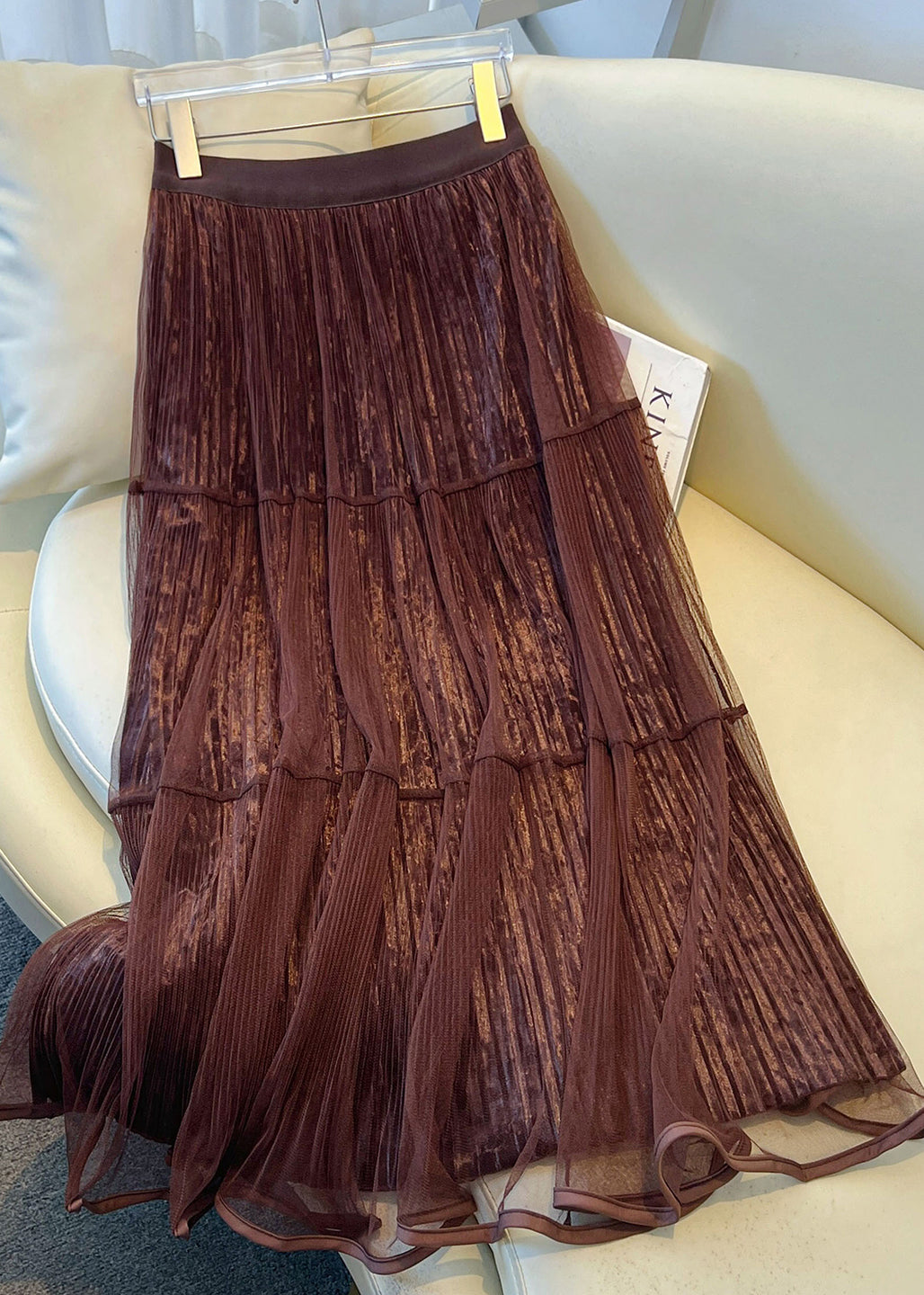 Stylish Khaki Wrinkled Tulle Patchwork Velvet Skirts Spring