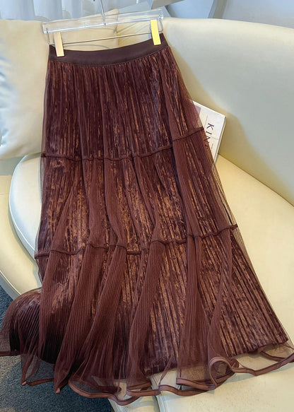 Stylish Khaki Wrinkled Tulle Patchwork Velvet Skirts Spring