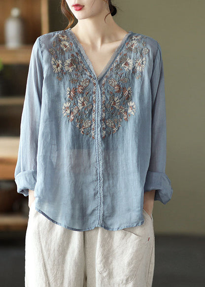 Stilvolle Lake Blue Embroideried Leinen Bluse Tops Langarm