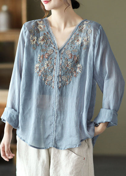 Stilvolle Lake Blue Embroideried Leinen Bluse Tops Langarm