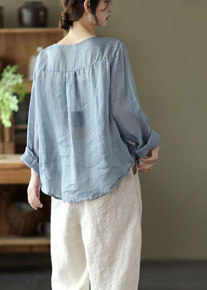 Stilvolle Lake Blue Embroideried Leinen Bluse Tops Langarm