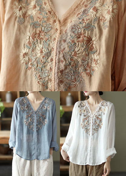 Stilvolle Lake Blue Embroideried Leinen Bluse Tops Langarm