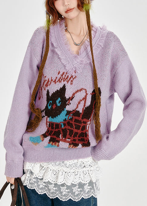 Suéteres de punto jacquard con gato y borlas de lavanda para invierno