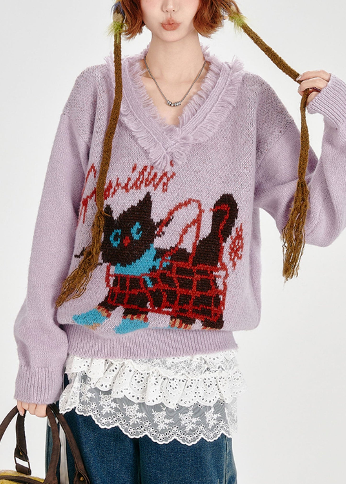 Suéteres de punto jacquard con gato y borlas de lavanda para invierno
