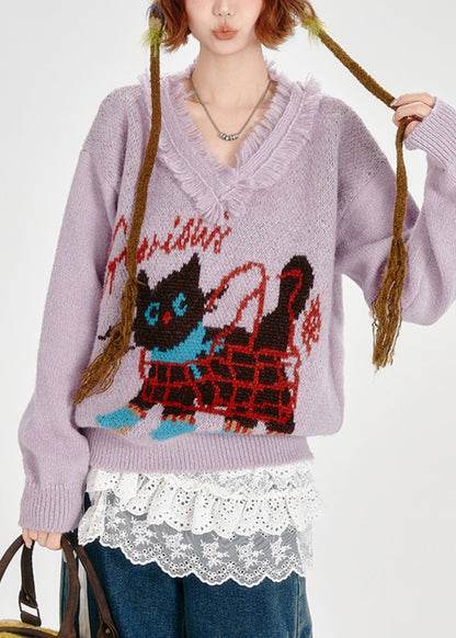 Suéteres de punto jacquard con gato y borlas de lavanda para invierno